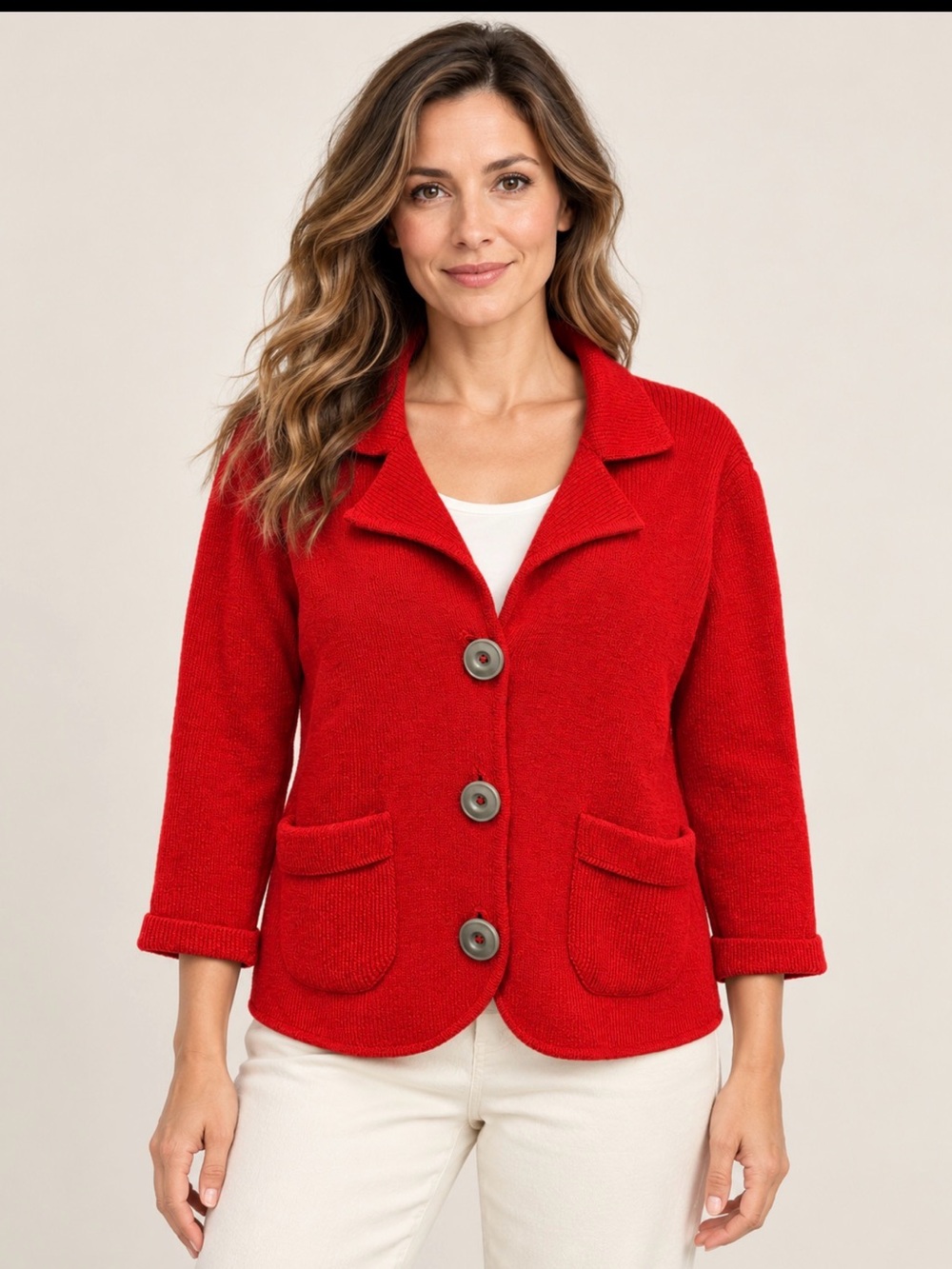 Red Knit Button-Front Women's Cardigan Jacket